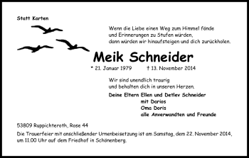 Anzeige von Meik Schneider von Kölner Stadt-Anzeiger / Kölnische Rundschau / Express