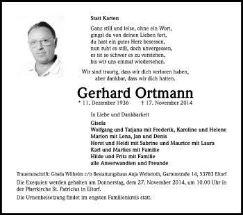 Anzeige von Gerhard Ortmann von Kölner Stadt-Anzeiger / Kölnische Rundschau / Express