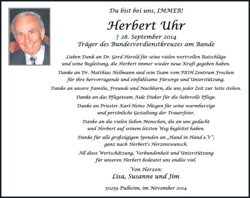  Traueranzeige für Herbert Uhr vom 22.11.2014 aus Kölner Stadt-Anzeiger / Kölnische Rundschau / Express