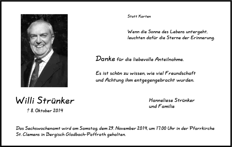  Traueranzeige für Willi Strünker vom 22.11.2014 aus Kölner Stadt-Anzeiger / Kölnische Rundschau / Express