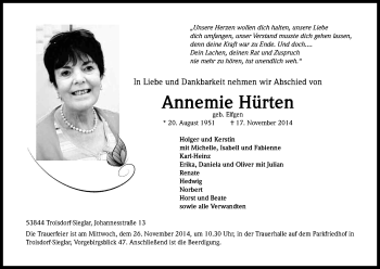 Anzeige von Annemie Hürten von Kölner Stadt-Anzeiger / Kölnische Rundschau / Express
