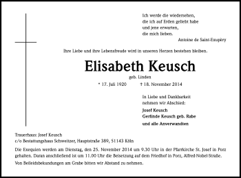 Anzeige von Elisabeth Keusch von Kölner Stadt-Anzeiger / Kölnische Rundschau / Express