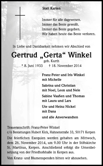 Anzeige von Gertrud Winkel von Kölner Stadt-Anzeiger / Kölnische Rundschau / Express