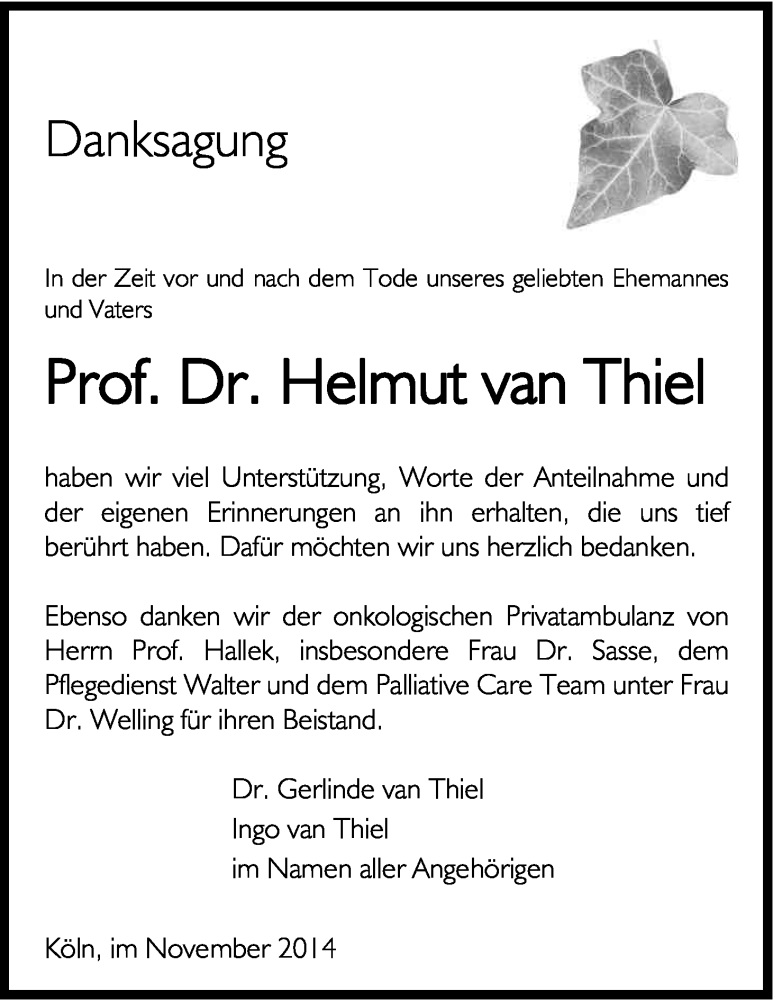  Traueranzeige für Helmut van Thiel vom 22.11.2014 aus Kölner Stadt-Anzeiger / Kölnische Rundschau / Express