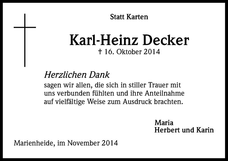  Traueranzeige für Karl-Heinz Decker vom 22.11.2014 aus Kölner Stadt-Anzeiger / Kölnische Rundschau / Express