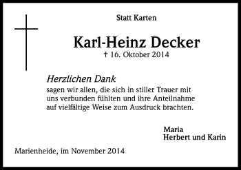 Anzeige von Karl-Heinz Decker von Kölner Stadt-Anzeiger / Kölnische Rundschau / Express