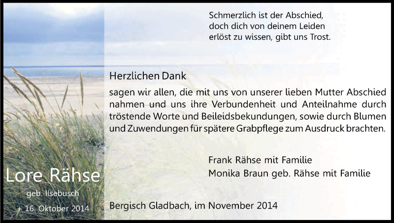  Traueranzeige für Lore Rähse vom 22.11.2014 aus Kölner Stadt-Anzeiger / Kölnische Rundschau / Express