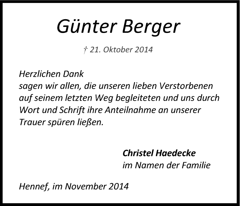  Traueranzeige für Günter Berger vom 22.11.2014 aus Kölner Stadt-Anzeiger / Kölnische Rundschau / Express