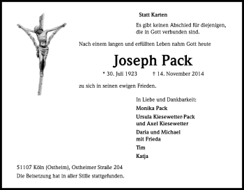 Anzeige von Joseph Pack von Kölner Stadt-Anzeiger / Kölnische Rundschau / Express
