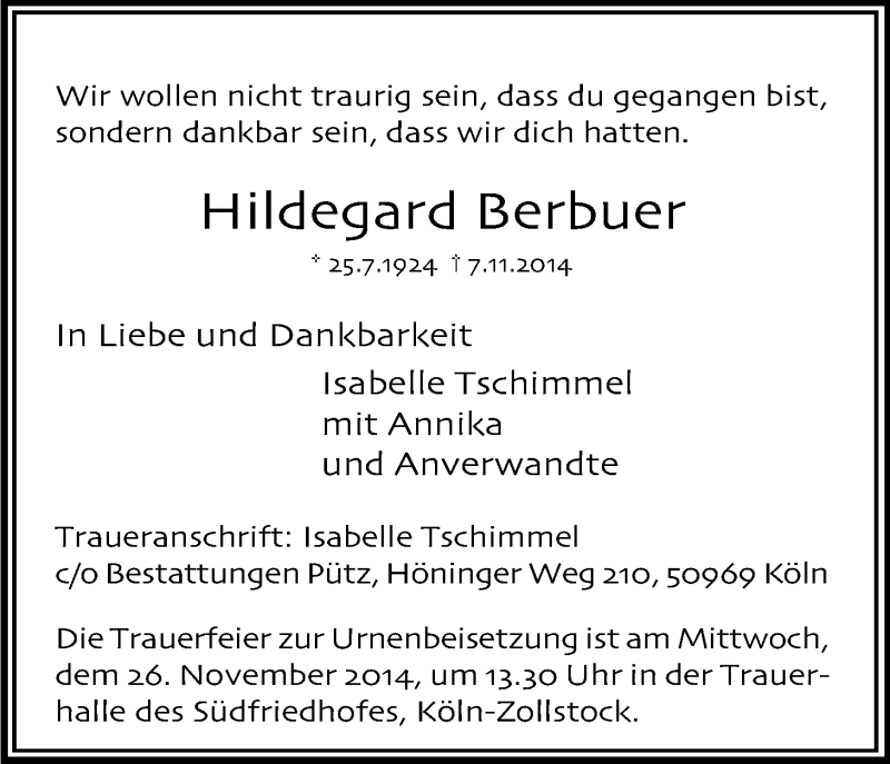  Traueranzeige für Hildegard Berbuer vom 22.11.2014 aus Kölner Stadt-Anzeiger / Kölnische Rundschau / Express