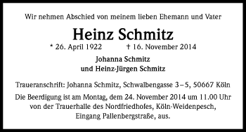 Anzeige von Heinz Schmitz von Kölner Stadt-Anzeiger / Kölnische Rundschau / Express