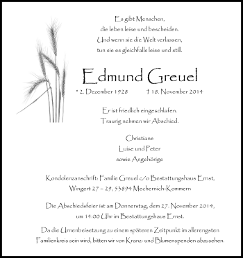 Anzeige von Edmund Greuel von Kölner Stadt-Anzeiger / Kölnische Rundschau / Express