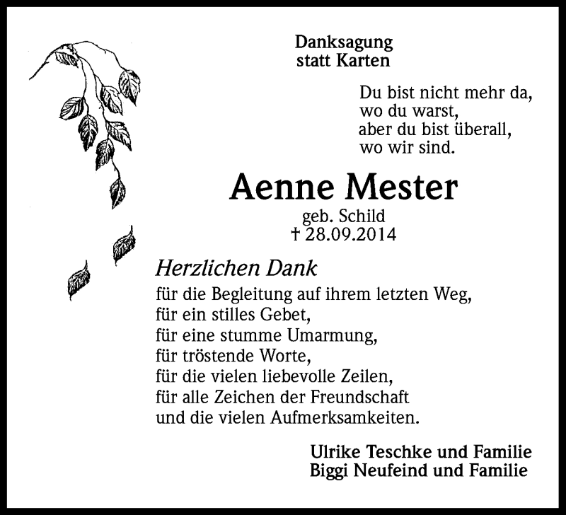 Traueranzeige für Aenne Mester vom 22.11.2014 aus Kölner Stadt-Anzeiger / Kölnische Rundschau / Express