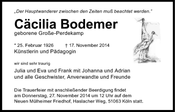 Anzeige von Cäcilia Bodemer von Kölner Stadt-Anzeiger / Kölnische Rundschau / Express
