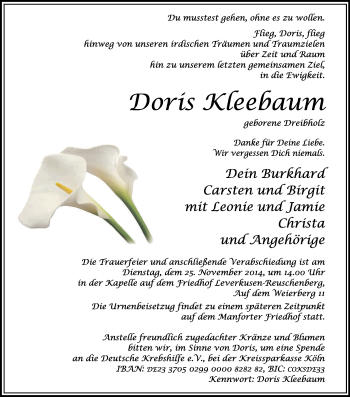 Anzeige von Doris Kleebaum von Kölner Stadt-Anzeiger / Kölnische Rundschau / Express