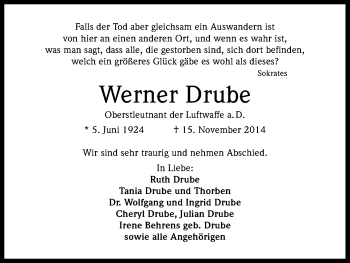 Anzeige von Werner Drube von Kölner Stadt-Anzeiger / Kölnische Rundschau / Express