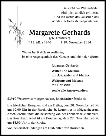 Anzeige von Margarete Gerhards von Kölner Stadt-Anzeiger / Kölnische Rundschau / Express