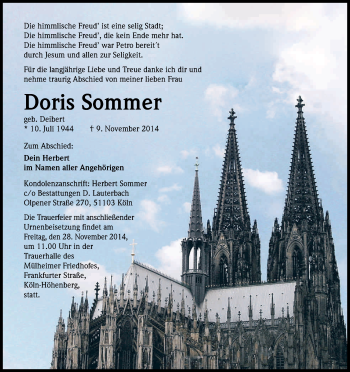 Anzeige von Doris Sommer von Kölner Stadt-Anzeiger / Kölnische Rundschau / Express