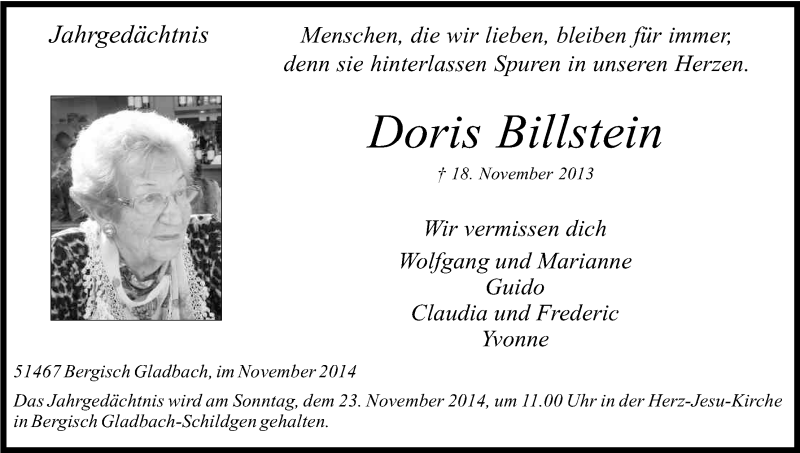  Traueranzeige für Doris Billstein vom 22.11.2014 aus Kölner Stadt-Anzeiger / Kölnische Rundschau / Express