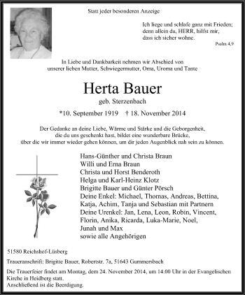 Anzeige von Herta Bauer von Kölner Stadt-Anzeiger / Kölnische Rundschau / Express