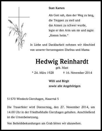 Anzeige von Hedwig Reinhardt von Kölner Stadt-Anzeiger / Kölnische Rundschau / Express