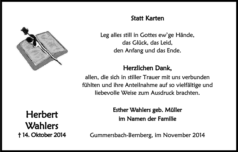  Traueranzeige für Herbert Wahlers vom 22.11.2014 aus Kölner Stadt-Anzeiger / Kölnische Rundschau / Express