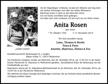 Anzeige von Anita Rosen von Kölner Stadt-Anzeiger / Kölnische Rundschau / Express