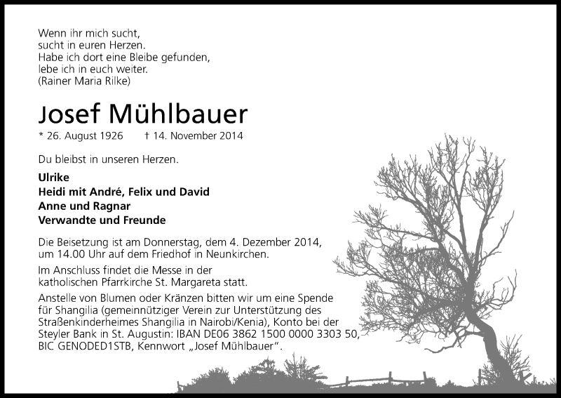  Traueranzeige für Josef Mühlbauer vom 22.11.2014 aus Kölner Stadt-Anzeiger / Kölnische Rundschau / Express