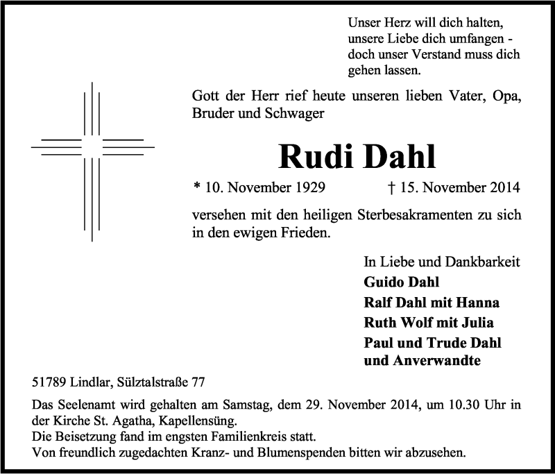  Traueranzeige für Rudi Dahl vom 22.11.2014 aus Kölner Stadt-Anzeiger / Kölnische Rundschau / Express