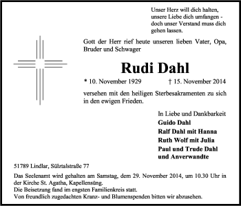 Anzeige von Rudi Dahl von Kölner Stadt-Anzeiger / Kölnische Rundschau / Express