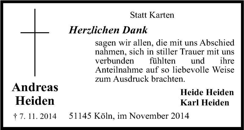  Traueranzeige für Andreas Heiden vom 29.11.2014 aus Kölner Stadt-Anzeiger / Kölnische Rundschau / Express