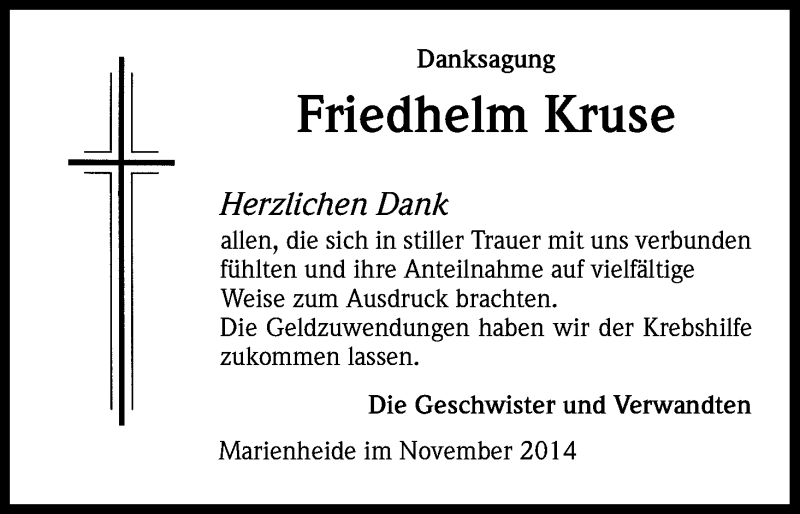  Traueranzeige für Friedhelm Kruse vom 22.11.2014 aus Kölner Stadt-Anzeiger / Kölnische Rundschau / Express