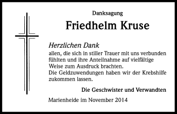 Anzeige von Friedhelm Kruse von Kölner Stadt-Anzeiger / Kölnische Rundschau / Express