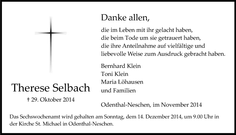  Traueranzeige für Therese Selbach vom 29.11.2014 aus Kölner Stadt-Anzeiger / Kölnische Rundschau / Express