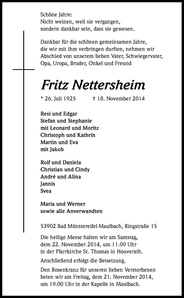  Traueranzeige für Fritz Nettersheim vom 21.11.2014 aus Kölner Stadt-Anzeiger / Kölnische Rundschau / Express