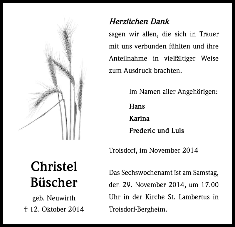  Traueranzeige für Christel Büscher vom 22.11.2014 aus Kölner Stadt-Anzeiger / Kölnische Rundschau / Express