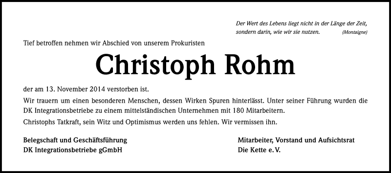  Traueranzeige für Christoph Rohm vom 22.11.2014 aus Kölner Stadt-Anzeiger / Kölnische Rundschau / Express