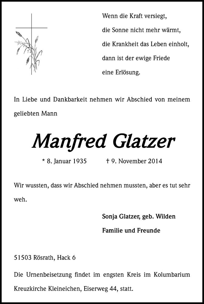  Traueranzeige für Manfred Glatzer vom 22.11.2014 aus Kölner Stadt-Anzeiger / Kölnische Rundschau / Express