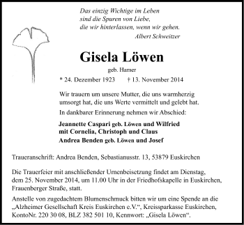 Anzeige von Gisela Löwen von Kölner Stadt-Anzeiger / Kölnische Rundschau / Express