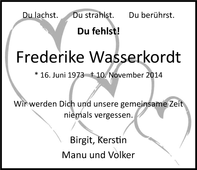  Traueranzeige für Frederike Wasserkordt vom 22.11.2014 aus Kölner Stadt-Anzeiger / Kölnische Rundschau / Express