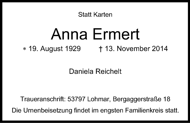  Traueranzeige für Anna Ermert vom 22.11.2014 aus Kölner Stadt-Anzeiger / Kölnische Rundschau / Express