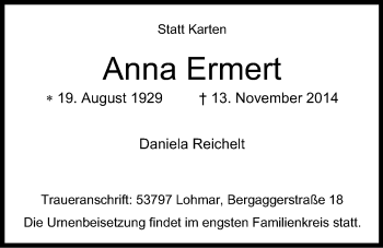 Anzeige von Anna Ermert von Kölner Stadt-Anzeiger / Kölnische Rundschau / Express