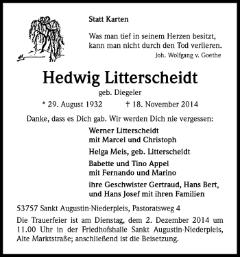 Anzeige von Hedwig Litterscheidt von Kölner Stadt-Anzeiger / Kölnische Rundschau / Express