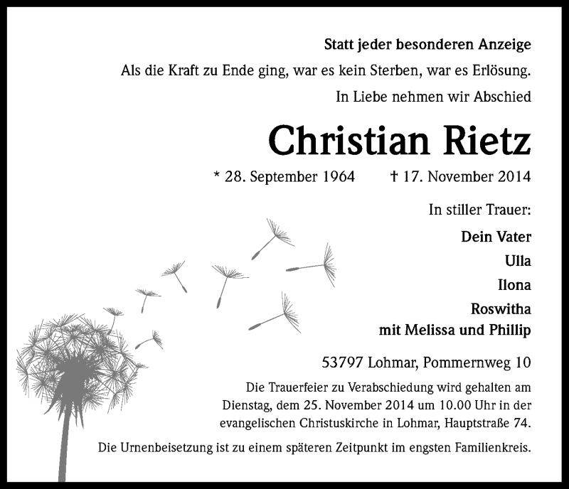  Traueranzeige für Christian Rietz vom 22.11.2014 aus Kölner Stadt-Anzeiger / Kölnische Rundschau / Express