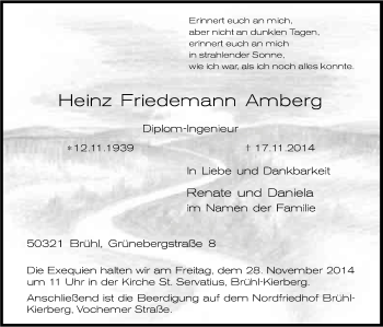Anzeige von Heinz Friedemann Amberg von Kölner Stadt-Anzeiger / Kölnische Rundschau / Express