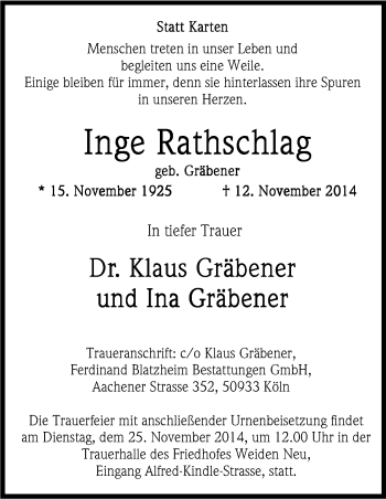 Anzeige von Inge Rathschlag von Kölner Stadt-Anzeiger / Kölnische Rundschau / Express
