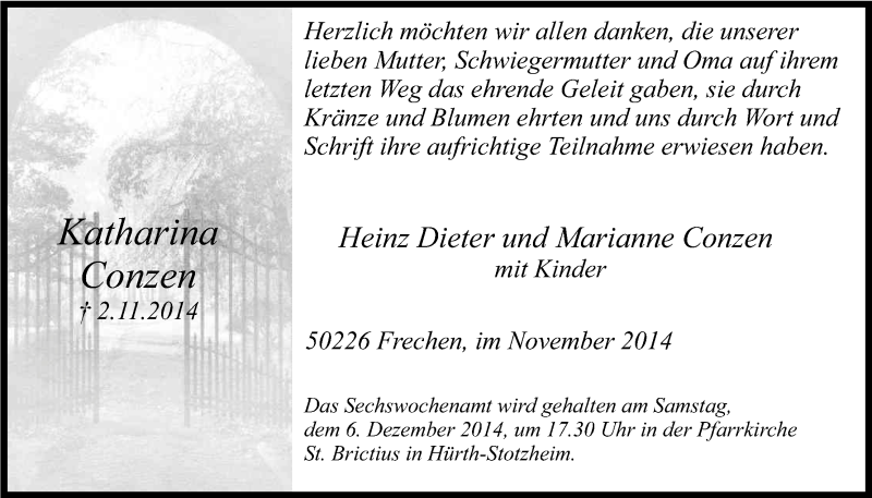  Traueranzeige für Katharina Conzen vom 29.11.2014 aus Kölner Stadt-Anzeiger / Kölnische Rundschau / Express