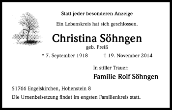 Anzeige von Christina Söhngen von Kölner Stadt-Anzeiger / Kölnische Rundschau / Express