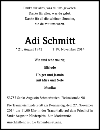 Anzeige von Adi Schmitt von Kölner Stadt-Anzeiger / Kölnische Rundschau / Express