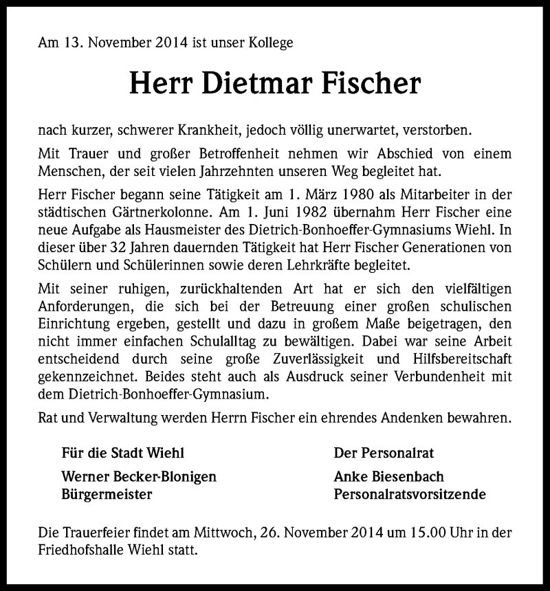  Traueranzeige für Dietmar Fischer vom 22.11.2014 aus Kölner Stadt-Anzeiger / Kölnische Rundschau / Express